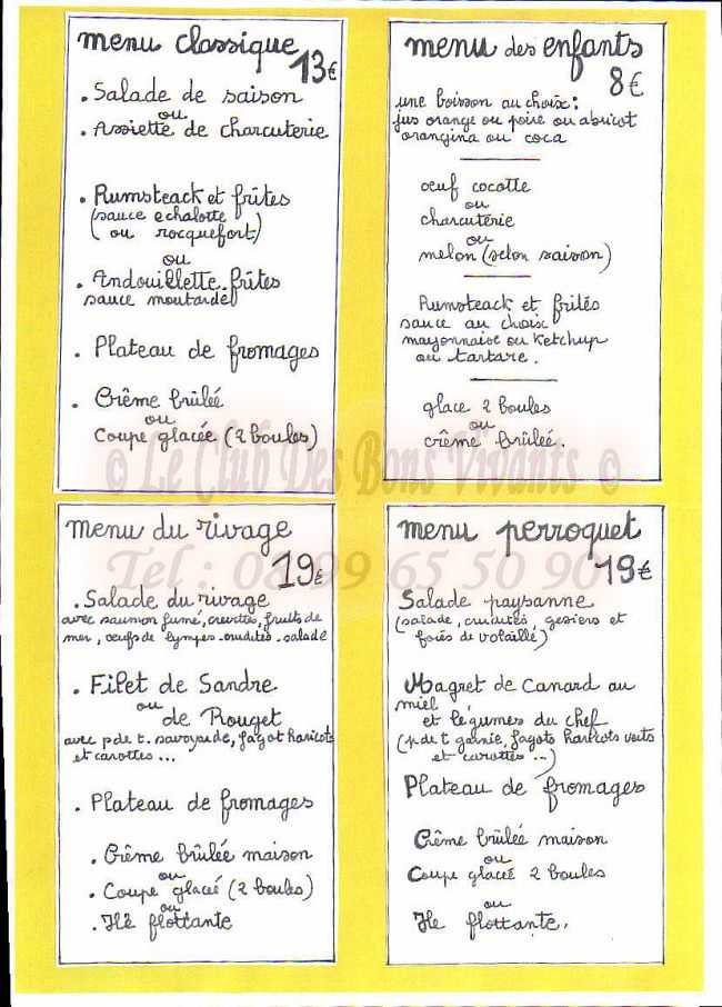 menu restaurant francais